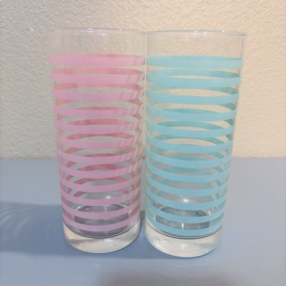 2 Libbey Vintage Mid Century Modern Retro Teal Pink Striped Highball Bar Glasses